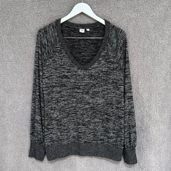 GAP Softspun Blouson Sleeve V-Neck Top Marled Marled Black - Picture 2 of 7